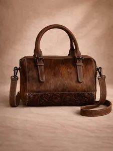 Western Mini Barrel Bag Hair-On Cowhide Tooled Crossbody