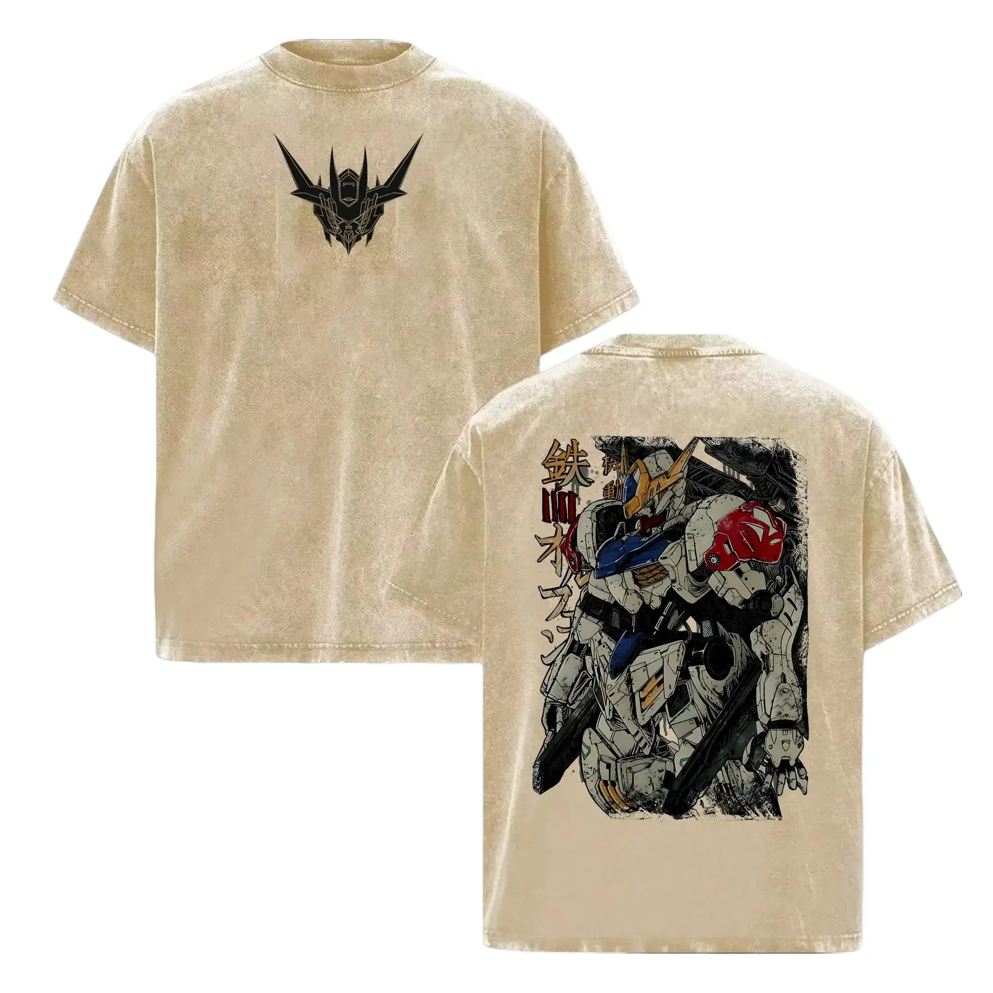 Men's Retro Style Gundam Barbatos Graphic T-Shirt - Unisex Casual Oversized Round Neck Short-Sleeve Tops, Vintage-Wash Heavyweight Cotton, Double-Sided Print, Shortsleeve, Casual T-Shirt