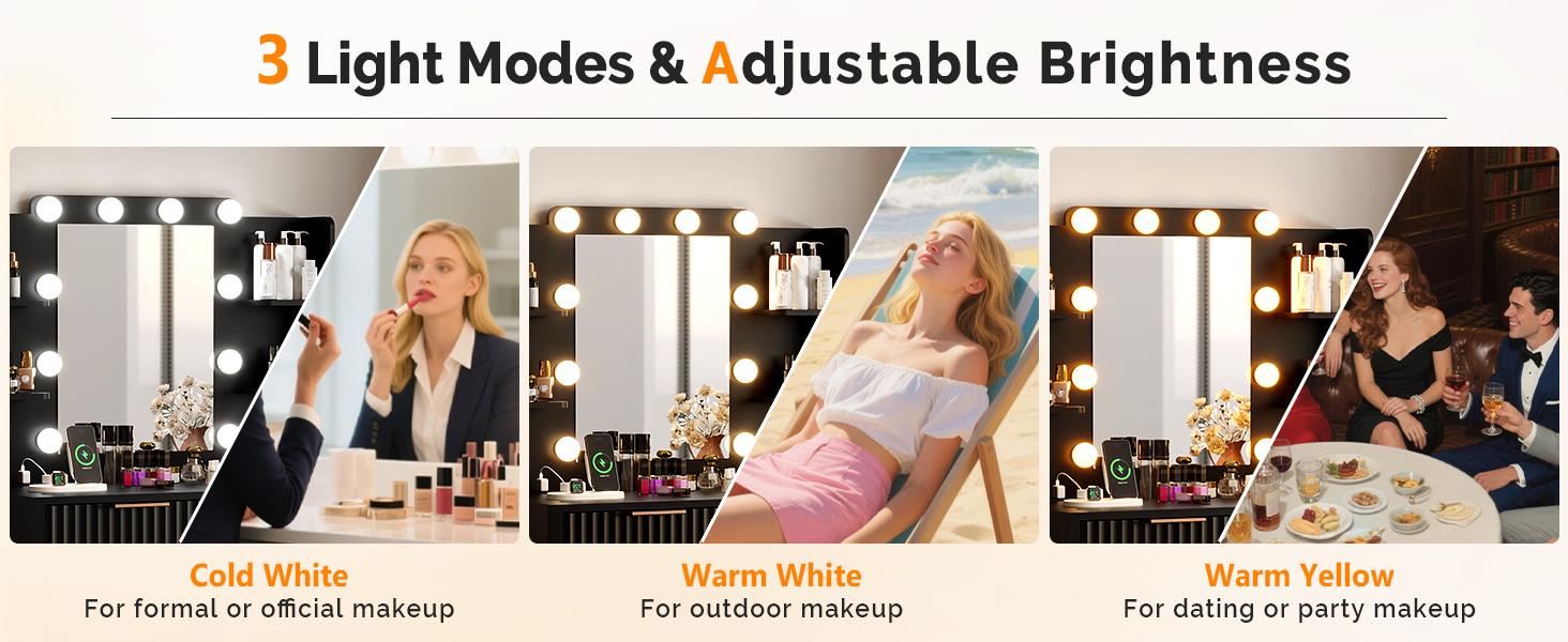 VINGLI Fluted Makeup Vanity Desk with Mirror & Lights & Power Outlet, Small Vanity Table w/ 2 Drawers & 4 Storage Shelves, Modern Dressing Table Set Charging Station for Bedroom