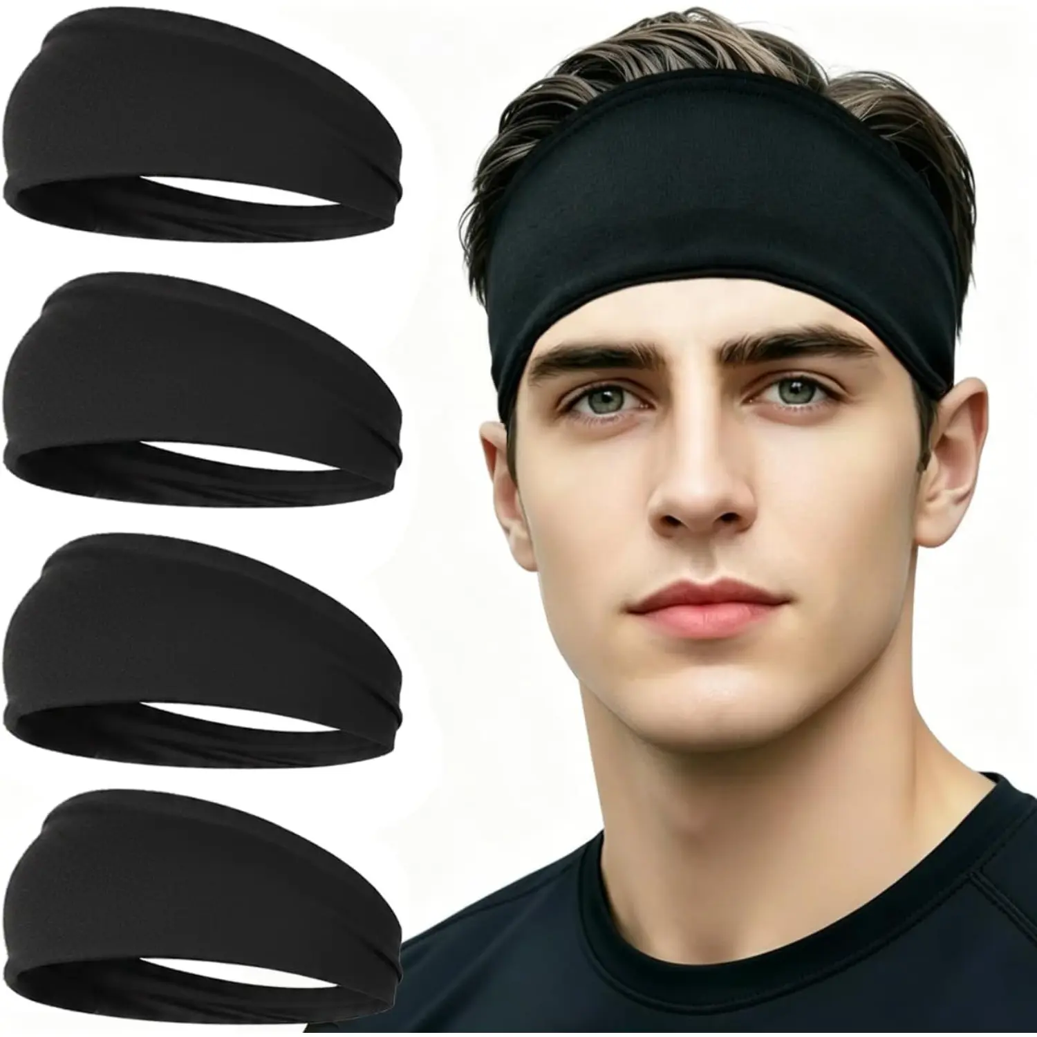 Wide Sports Headband for Men Women Sweat Wicking Stretch Double Layer Hair Band 90% Polyester 10% Spandex for Football Basketball Running Gym Cycling