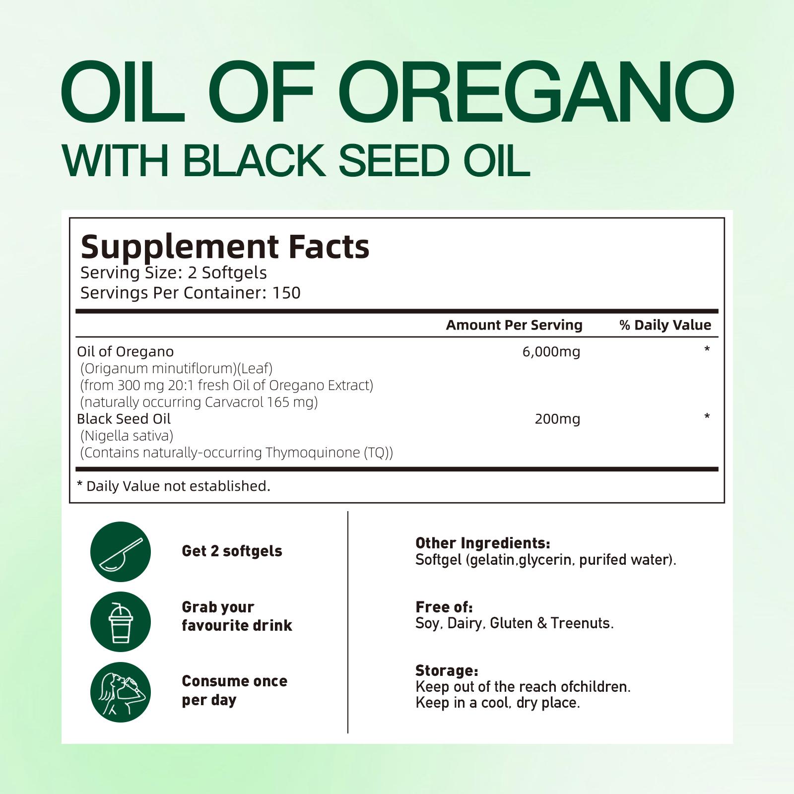 High-Potency Oil of Oregano 6000mg + Black Seed Oil 200mg | Organic Softgels for  Fitness Support | 300 Count Gluten-Free Antioxidant Supplement