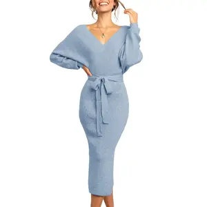 Wenrine Women's Long Maxi Sweater Dresses Sexy Wrap Batwing V Neck Slit Open Back Holiday Bodycon Dress with Belt