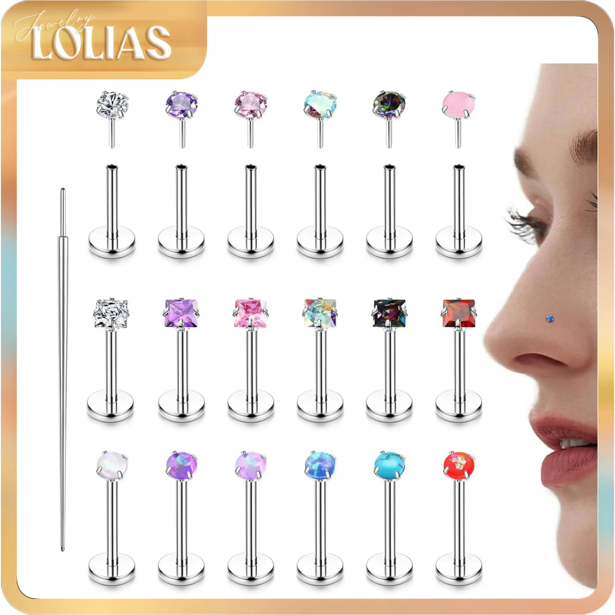 LOLIAS 18PCS Unisex Threadless Nose Studs - 20G-18G-16G Hypoallergenic Surgical Stainless Steel, CZ Opal Push-In Flat-Back Jewelry for Nose Piercing, Helix Stud Piercing, Cartilage, Nostril, Conch, Tragus, Labret Lip Rings, Helix Stud Piercing Jewelry