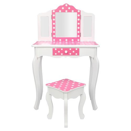 Karlhome Kids Vanity Set with Mirror and Lights and Stool, 5 Storage Drawers, Pretend Play Princess Makeup Desk Dressing Table and Stool Set for Little Girls Age 3+, Macaroon Pink