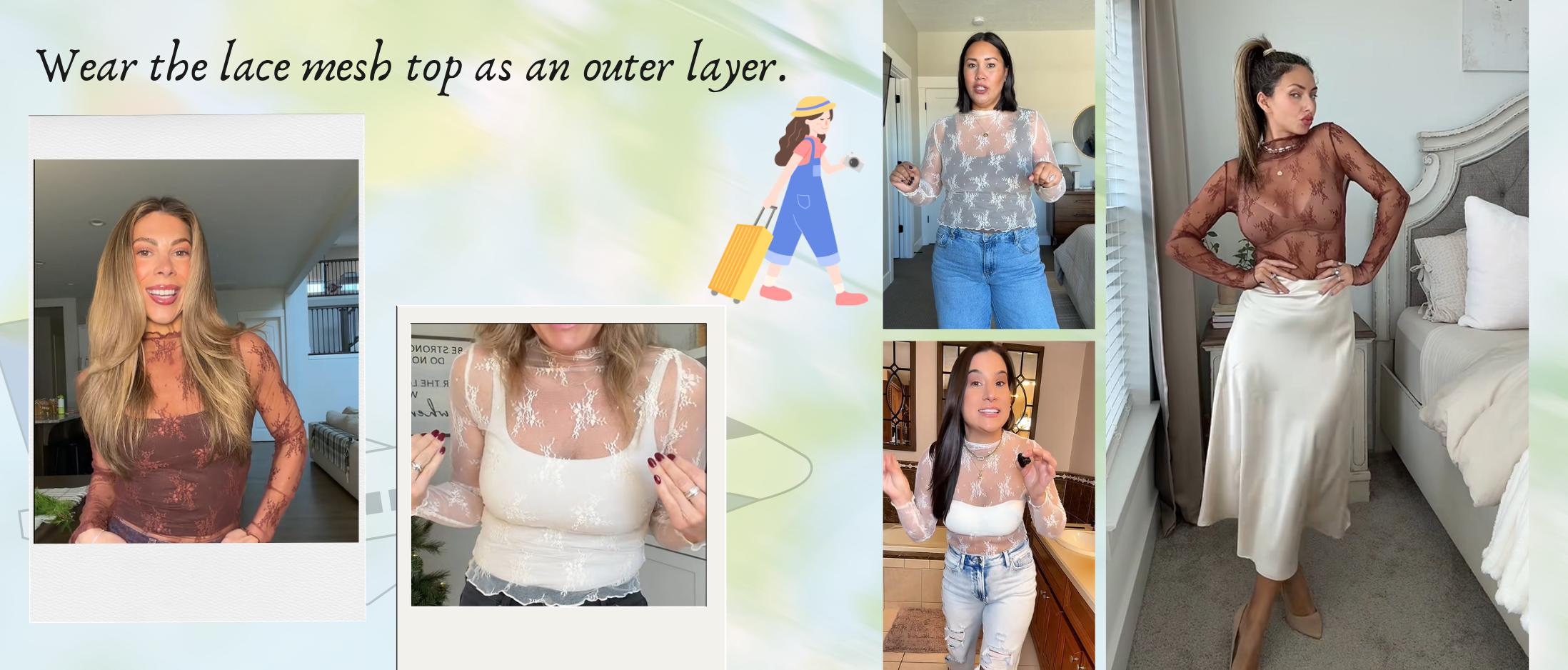 SCUSTY Women's Lace Mesh Tops Long Sleeve Floral Lace Blouse Sheer Mesh Mock Neck Layering Top  with Cowl Neckline & Floral Embroidery for Stylish Layering