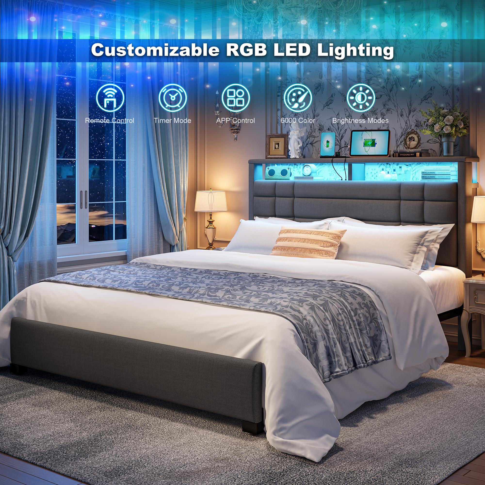 【Teen Size Bed】Raybee Luxury Bed Frames with Headboard & 2 Storage Shelves, Upholstered Bed Frame with LED & USB Ports for Full Queen King, Modern Bedroom Furniture, No Mattress, No Noise, Metal Slats Holds up to 880lbs[BlackFridayCyberMonday]