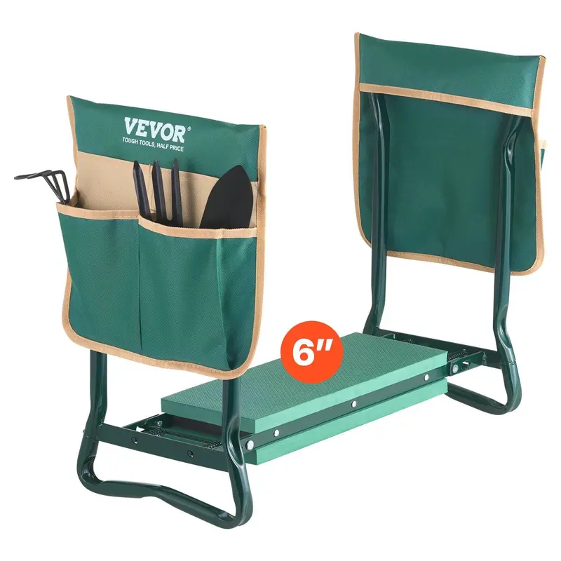 VEVOR Garden Kneeler and Seat, 6" EVA Pad Folding Heavy-Duty Stool Bench with EVA Fabric, 2 Tool Bags, Powder Coated Sturdy Frame, Side Handles for Stand Up Help, Camping Fatigue Relief