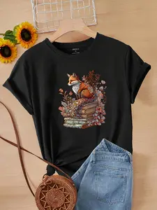 New Fox-Animal-Book Printed Casual T-Shirt: Cotton SS Crewneck Short Sleeve Women's Top, Literary Fox-Book Pattern, Elegant Daily Wear