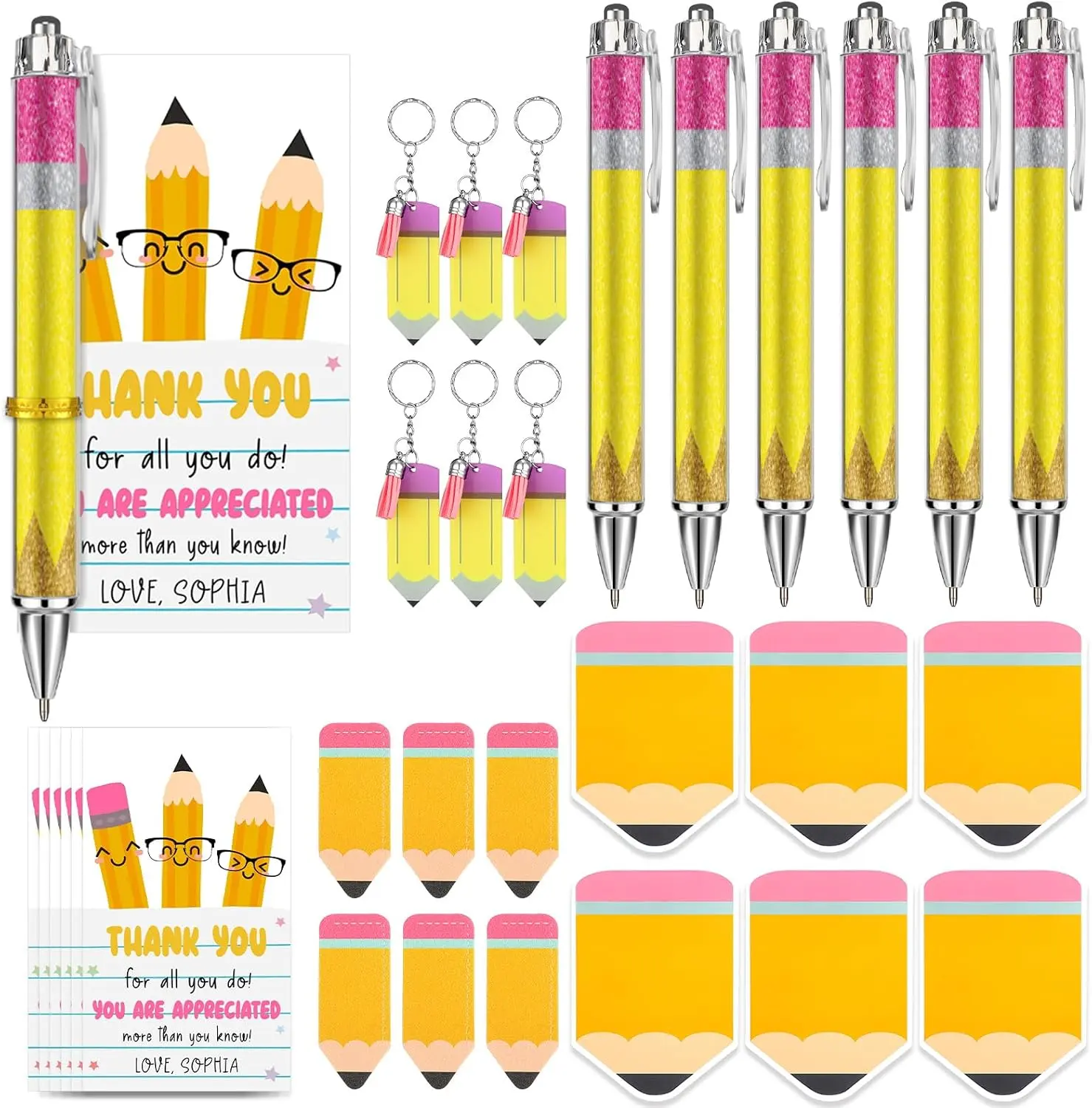 Back to School 6 Sets Teacher Appreciation Gifts Bulk Thank You Teacher Gift Cute Pencil Ballpoint Pens Card Keychains Bookmarks Sticky Notes Supplies for Woman Staff Employee