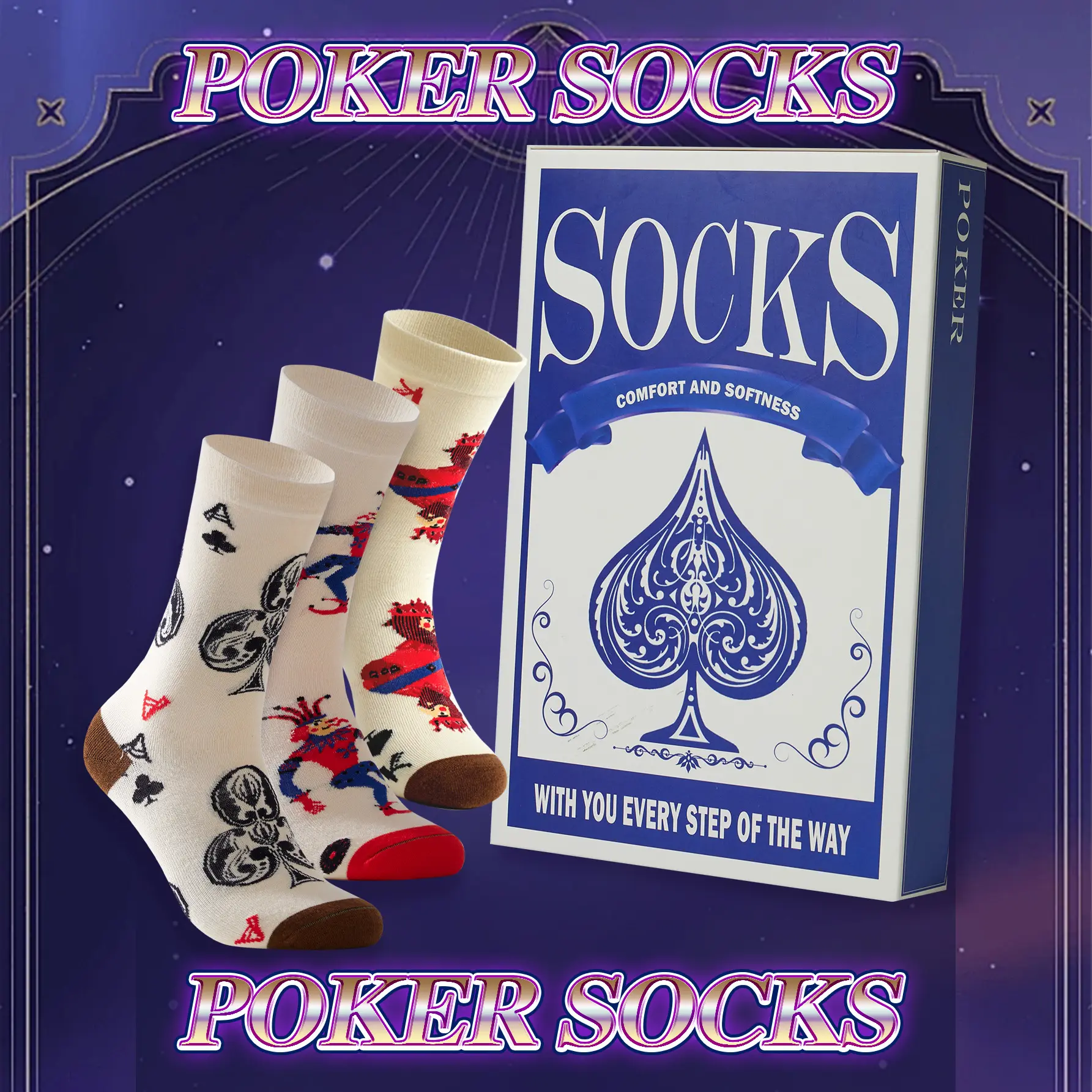 Novelty Crew Socks 3-Pair Gift Set for Men & Women, Fun Poker Card Pattern Cotton Blend with a Style Twist for Everyday Wear, All-Season