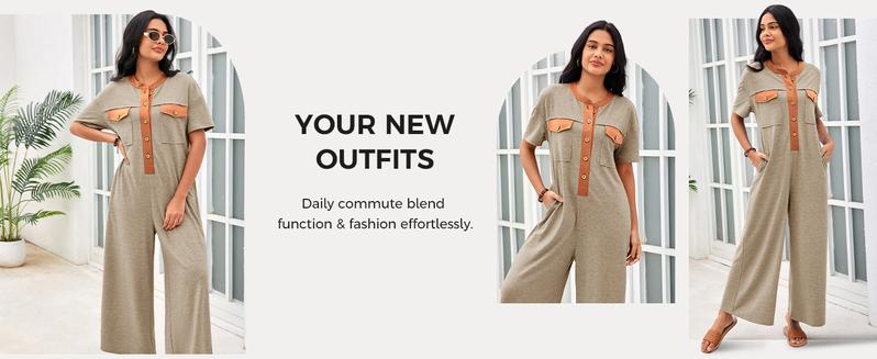 Fisoew Womens Casual Loose Jumpsuits Short Sleeve V-Neck Button Down One Piece Outfits Wide Leg Summer Long Pant Rompers with Pockets #Springtok #TikTokShopJumpstartSale