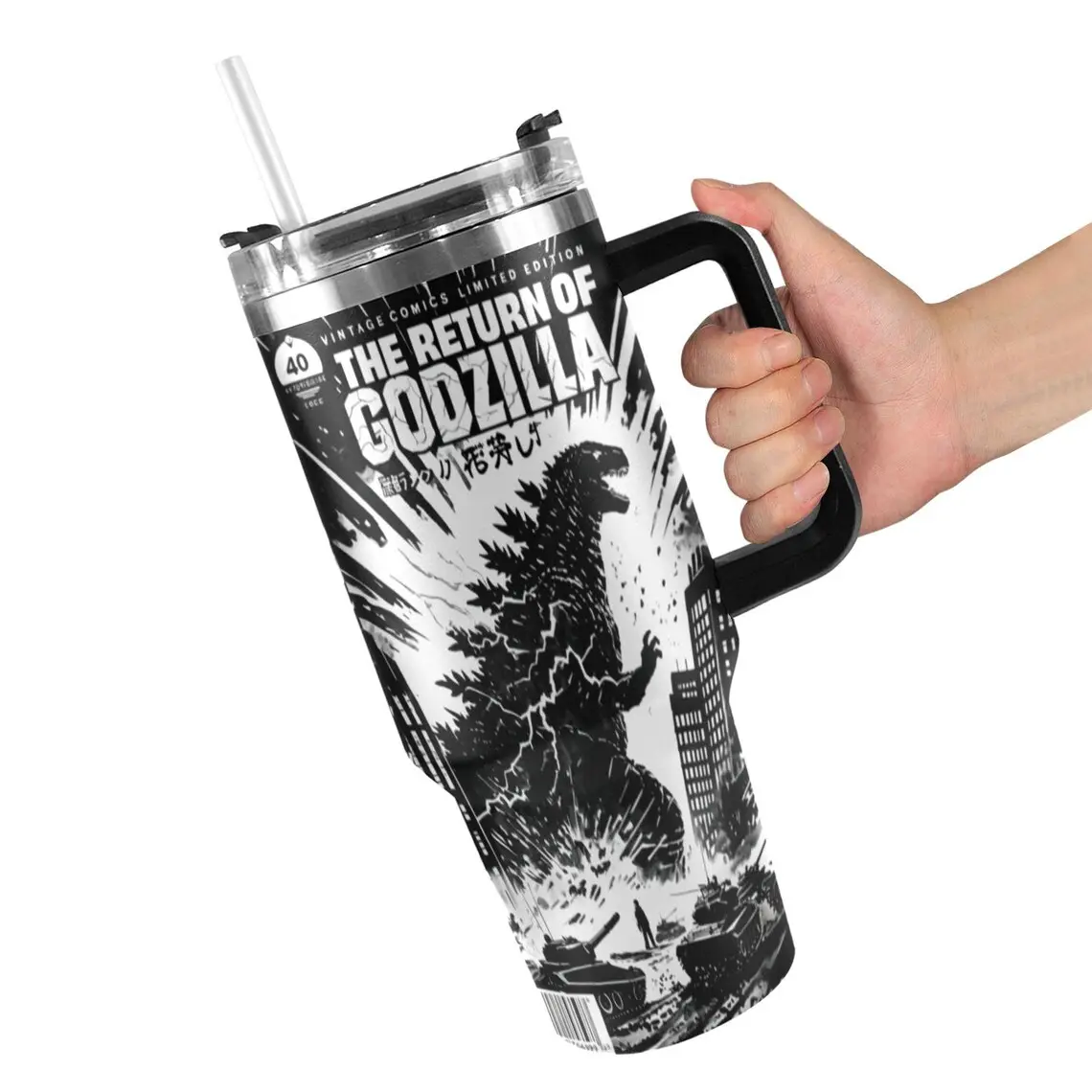 Godzilla 40oz Double Wall Insulated Stainless Steel Thermal Cup Tumbler - Reusable Vacuum Flask Bottle with Leakproof 3-in-1 Rotating Lid, Handle, Straw, Tapered Base, Hot 8h Warming - Industrial Patchwork Portable Gift for Monster Fans, Bottles