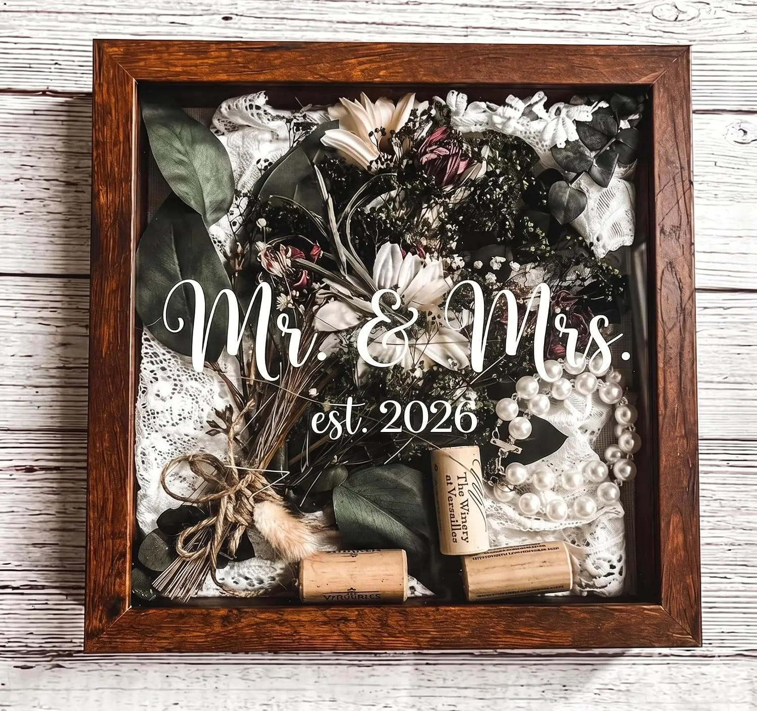 Wedding Shadow Box 9x9 Wooden Frame | Mr & Mrs Est 2026 Keepsake Display Case, Clear Acrylic, Perfect Bridal Shower Engagement Gift For New Couples, Display Dried Flowers Wedding Photos Memorabilia