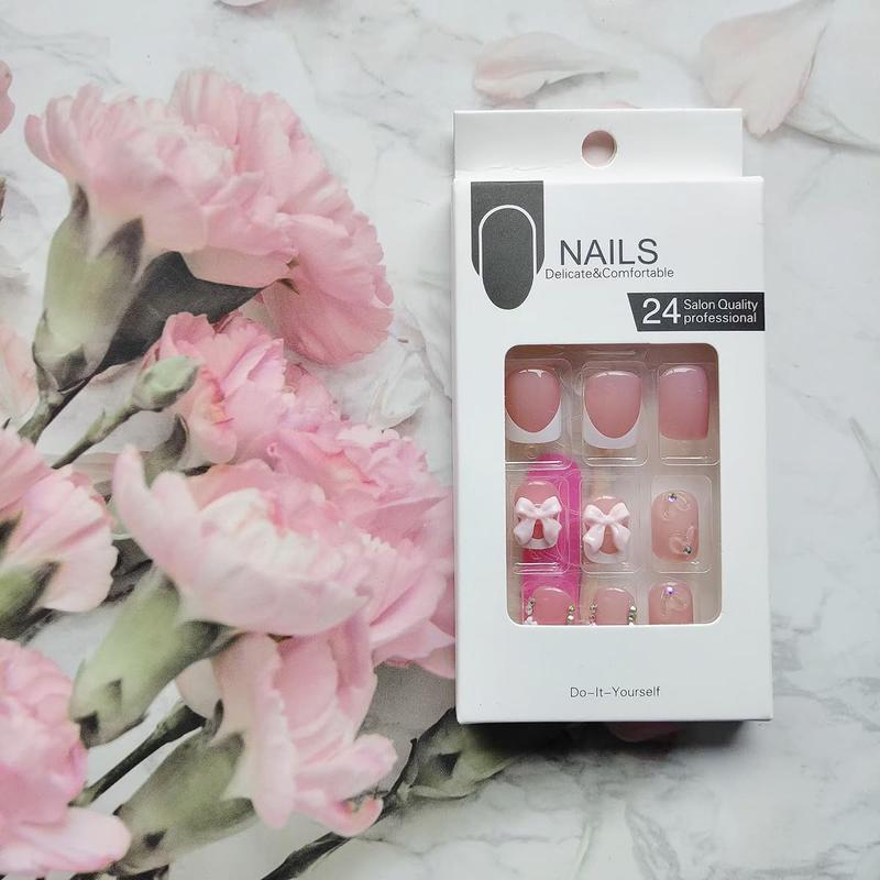 Square Rhinestone Glitter Press-On Nails – 24PCS Pink Short Square French Tip Fake Nails with 3D Flower, Bows & Sparkly Charms, Full Cover Stick-On Nails for Women, Cute Glue-On Nail Set