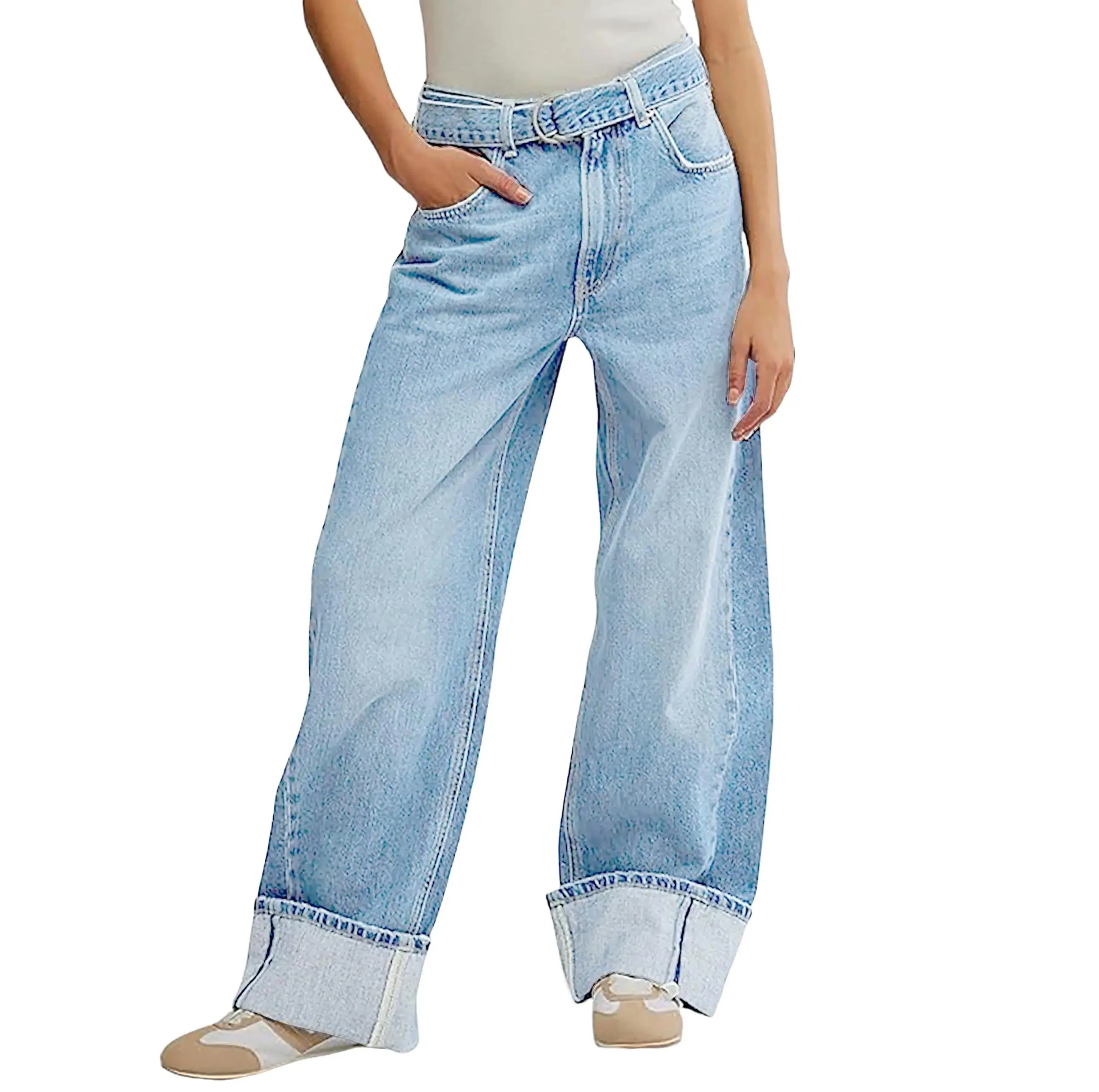 TANKANEO Women's High-Waisted Oversize Retro Jeans - High-Waisted Baggy Wide-Leg Denim Pants with Belt, Pockets, Comfortable Chic Look for Everyday Streetwear Basics