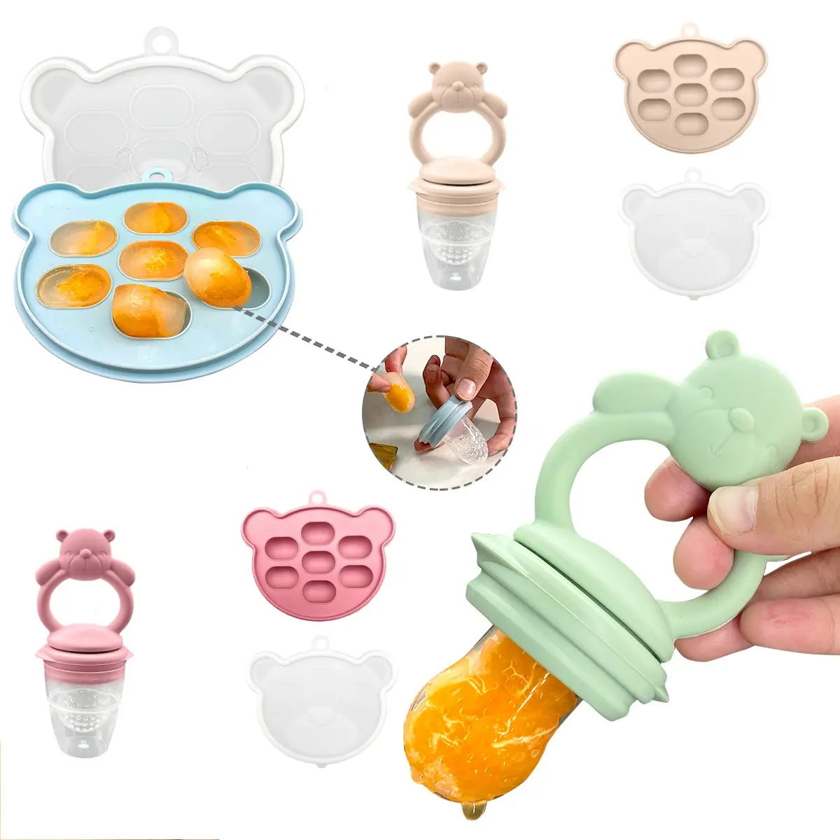 2-Piece Cartoon Bear Silicone Pacifier Set - Baby Fruit Vegetable Food Feeder, Ice Cube Mold Tray, Teething Tool, Drinking & Feeding Supplies, Home/Festive Party Bag Gift-MM1, Newborn