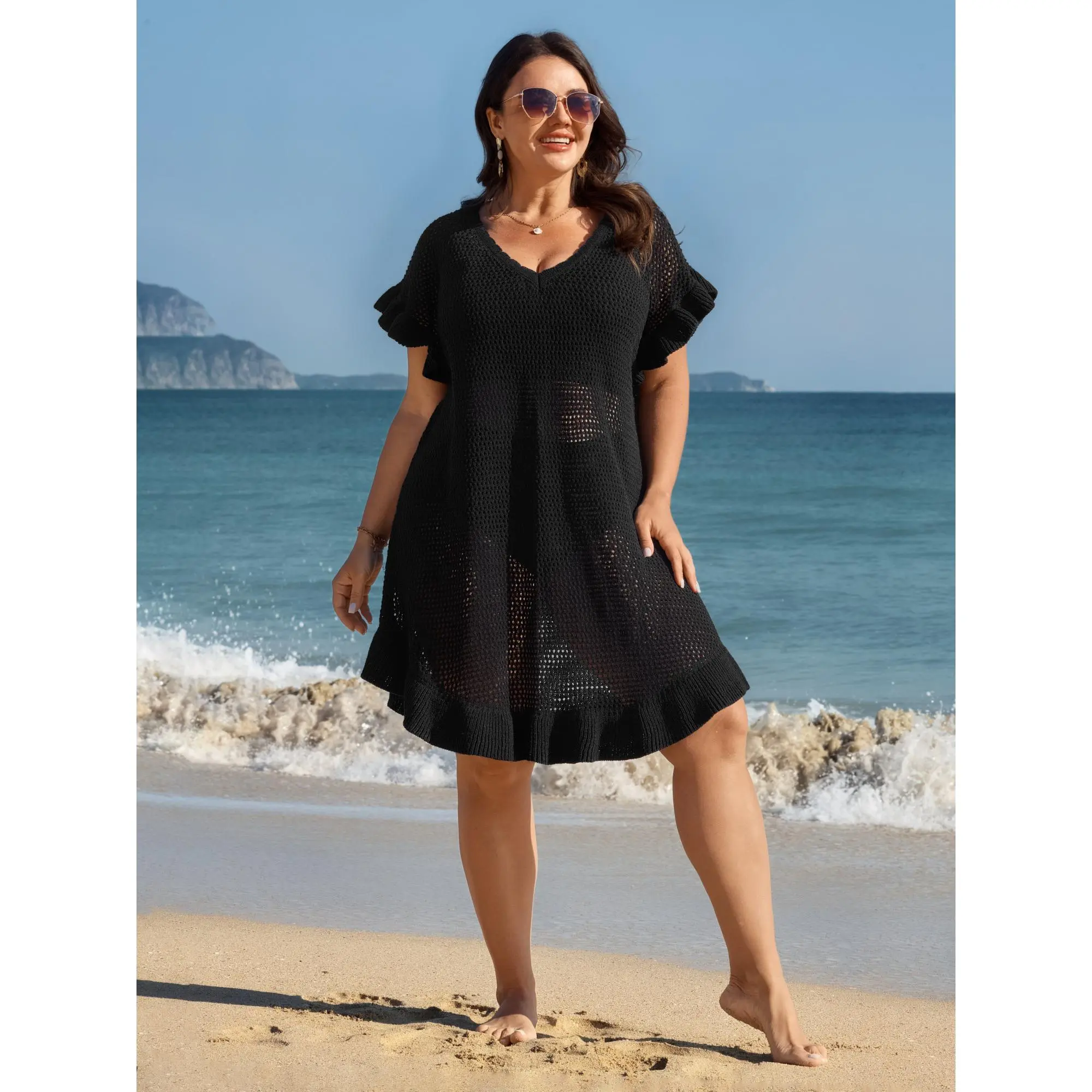 BLOOMCHIC Women's Acrylic Cut-Out Ruffled Sleeve Swim Cover-Up - Beach Swimsuit Coverup, Swimwear Coverups, Bikini Cover Up, Summer Finds, Cover Ups Swimsuits