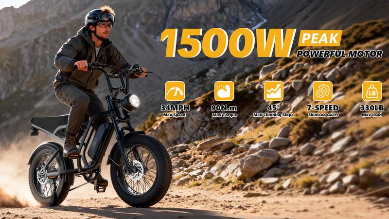 【HiEHA】2026 Fat Tire Electric Ebike for Adults, 1500W Peak Motor 48V/15Ah Removable Battery, 34 MPH Top Speed & 25-31 Miles Range, Full Suspension, Shimano 7-Speed, Off-Road Mountain E-Bike with LED Headlight, UL 2849 Certified
