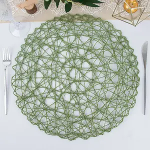 6-Pack Woven Fiber Table Placemats 15" Round Design Olive Green - Disposable Dining Mats