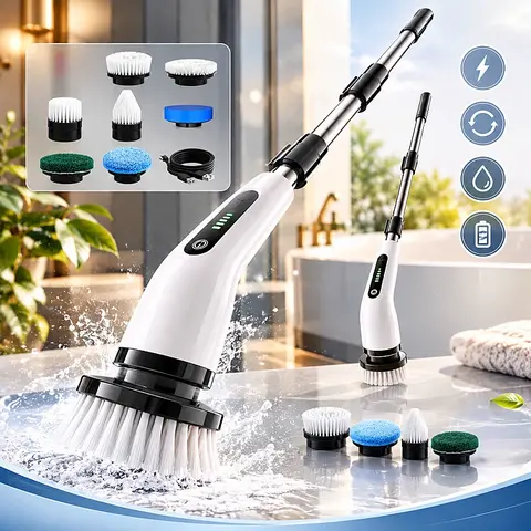 Rechargeable Electric Rotating Deep Cleaning Tool with Adjustable Length Split-Apart Long Handle, Tough Bristle Brush Attachments for Automotive Exterior, Glass Surface Cleaning, Rotating Tool