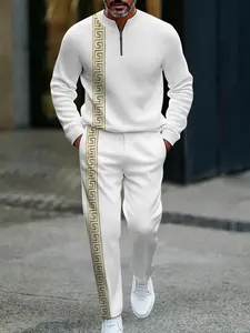 Men's fashion platinum trimmed half-zipper sweater set, unique paper print to create a casual image of a man, adult four-season casual wear, high-quality fabric texture, suitable for gift-giving travel