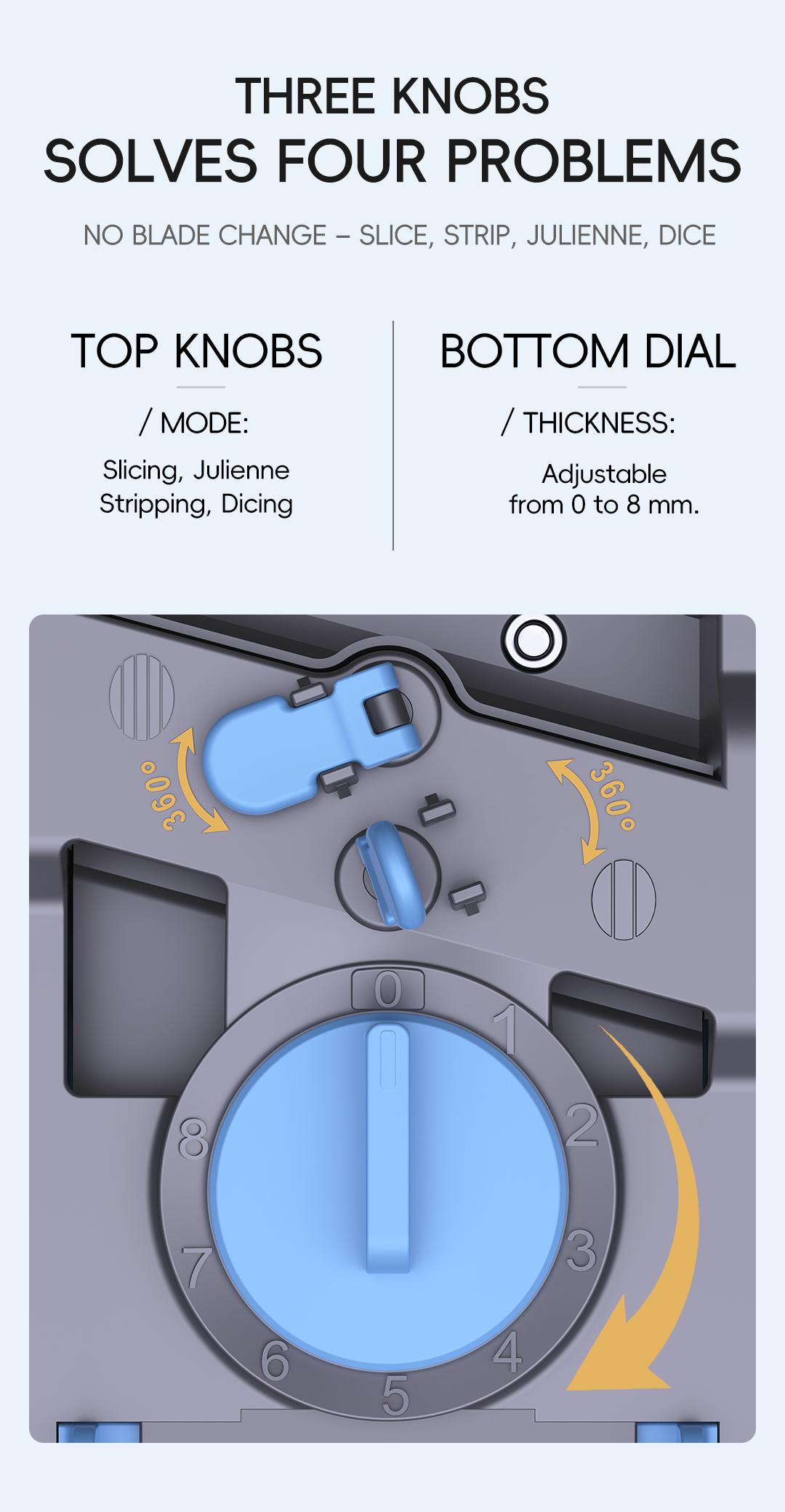 Vegetable slicer mode controls and thickness dial