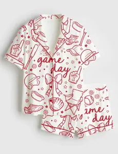 Women’s Baseball Game Day Coquette Hand Drawn Doodle Print Long Sleeve Satin Pajama Set - Pyjamas - Includes Short Pajamas and Long Pajamas.