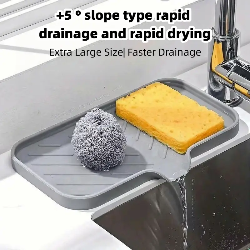 Industrial Silicone Kitchen & Bathroom Sink Drain Mat - Sturdy, Non-Slip, Resistant Home Accessory with Efficient Self-Drainage, Built-In Sponge Holder, Drying Function, Countertop Protection, Space-Saving Design, Keeps Surfaces Clean