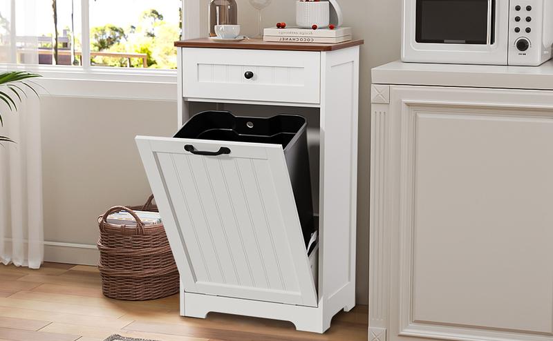 【Does Not Include Trash Can】 Dragosum Tilt-Out Hidden Trash Can Cabinet 10 Gallon, Wooden Kitchen Trash Bin Pet Proof & Odor Control, Recessed or Freestanding for Kitchen Pantry Living Room