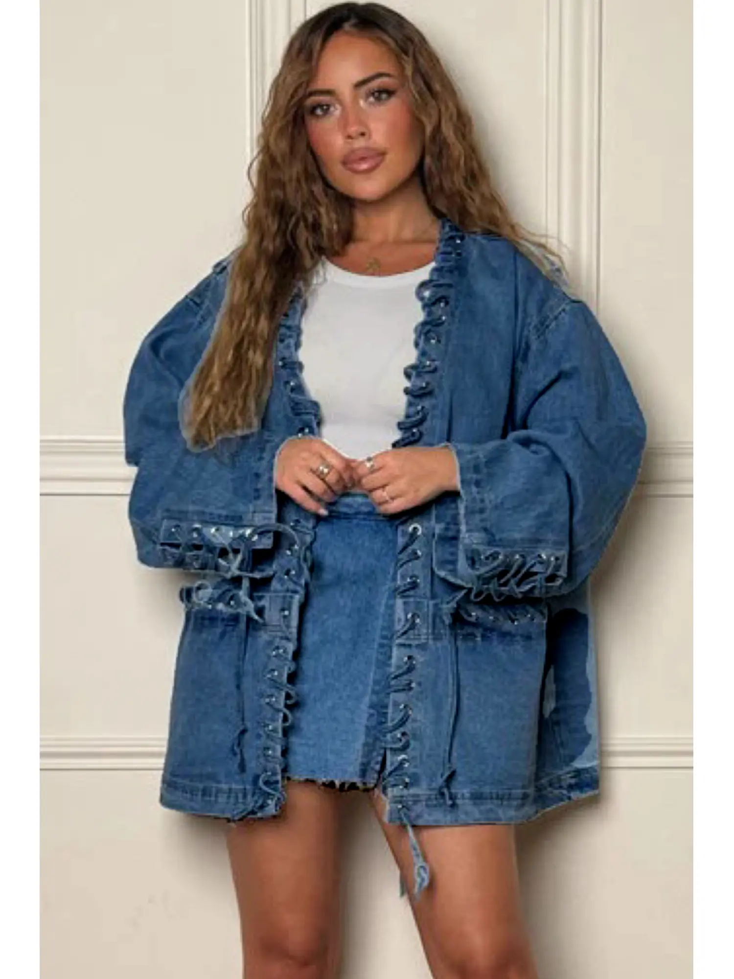 Women's Casual Denim Jacket Coat, Comfortable Long Sleeve Loose Cardigan Top with Tie-Waist for Everyday Wear