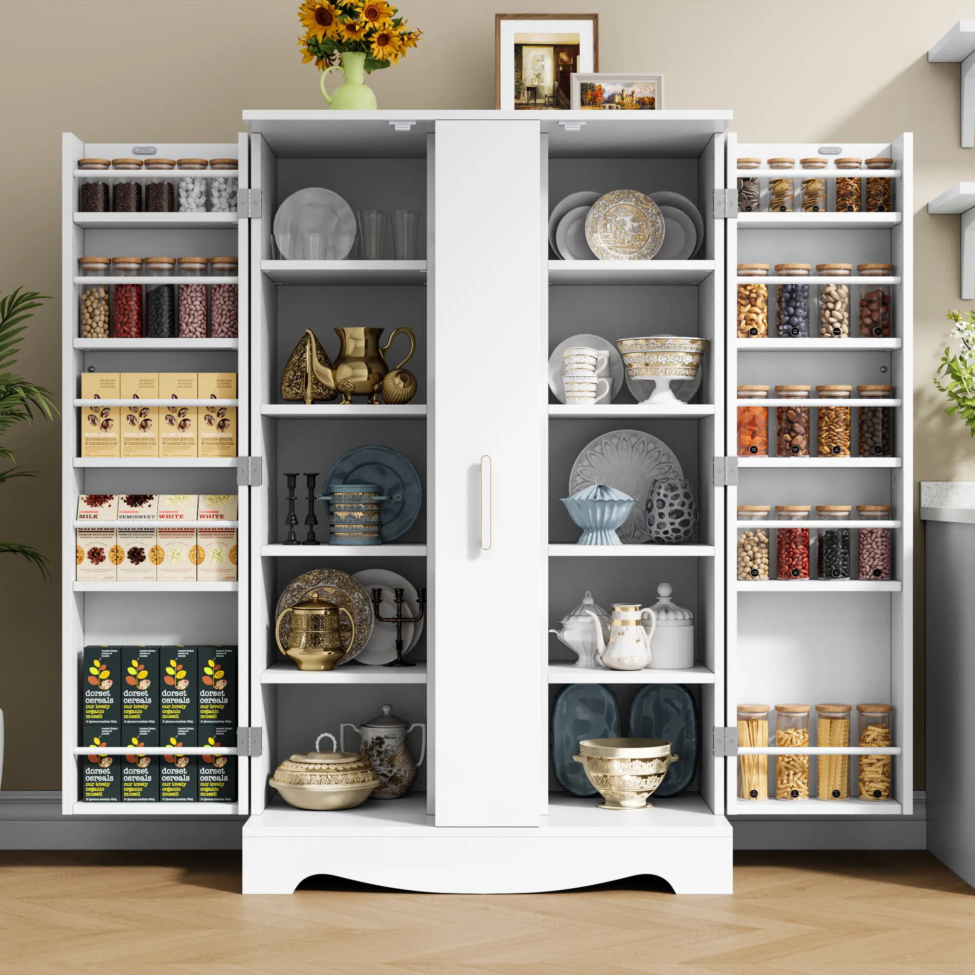 47" Modern Wood Kitchen Pantry Cabinet - Freestanding Storage Cupboard with Adjustable Shelves, Drawer, Regular Door, Assembly Required, Drawer and Shelving Sideboards for Dining/Living Room Organizer of Food, Dishes & Small Appliances