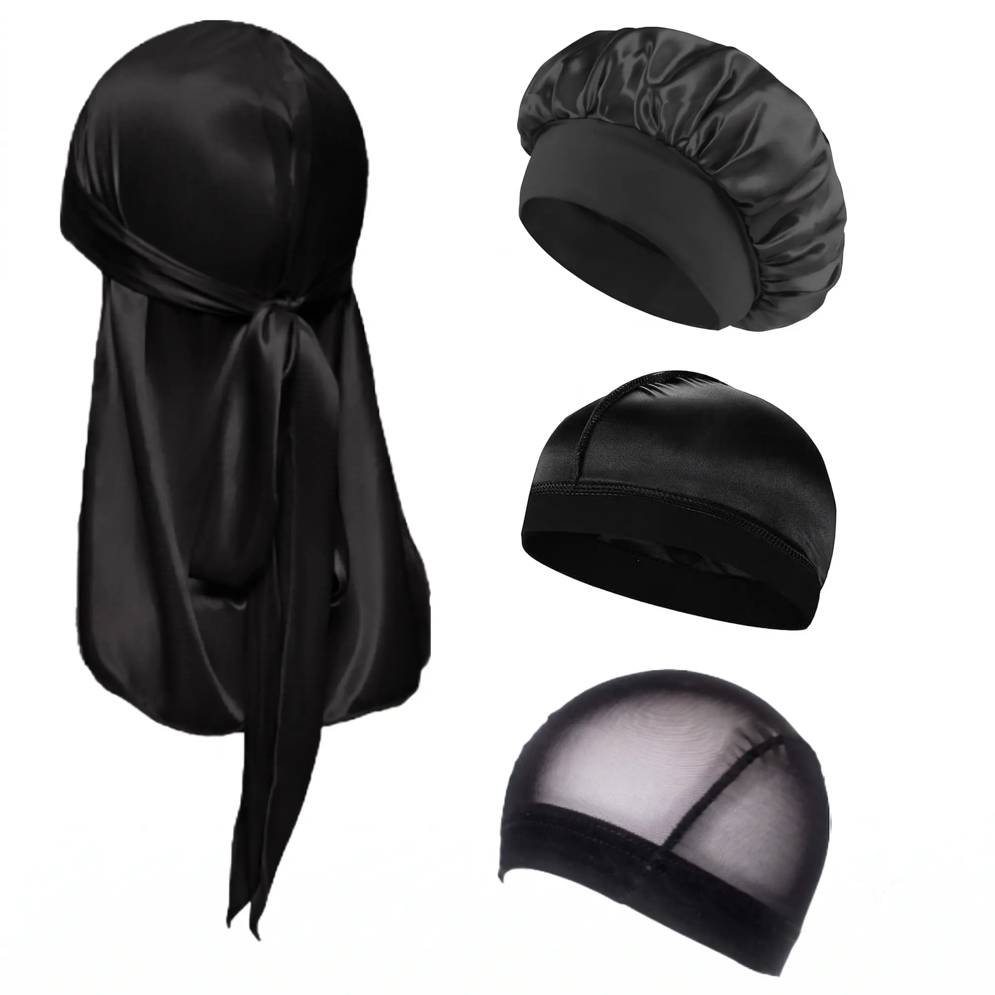 Men's 4-Piece Silky Satin Durag & Wave Cap Haircare Kit, Party Accessory with Ultimate Hair Compression & Styling Functionality