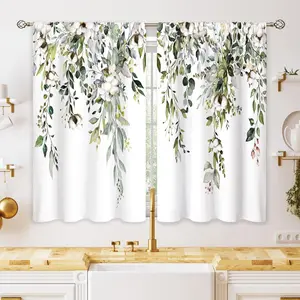 Eucalyptus Botanical Leaves Sage Green Floral Kitchen Window Curtains |   Over Sink Farmhouse Flower Leaf Small Treatment Cafe Short Curtains for Bathroom Treatment Tier Drapes 28"x40"