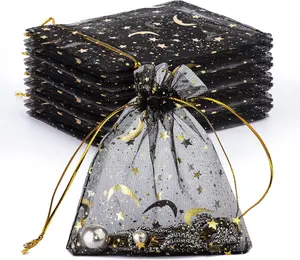 Goclimber 100 PCS 4.0X4.7 Inches Moon Star Printed Orchid Organza Bags, Black Moon and Stars Bag for Make Up,Candy, Gifts, Party, Jewelry, Festival, Net Favor Drawstring Goody Bags GoClimber