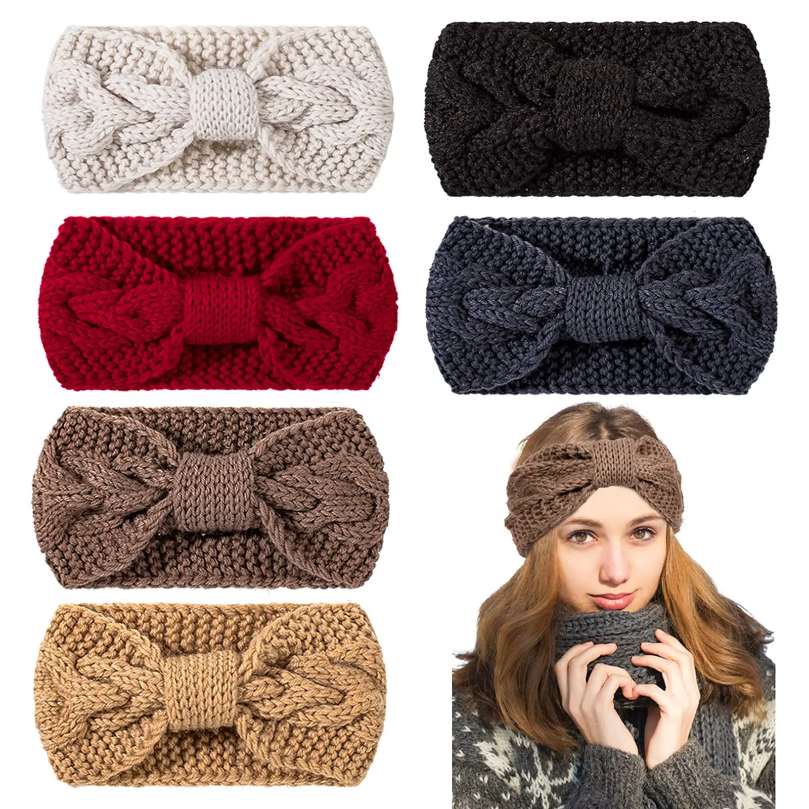6 Pieces Knit Headbands Winter Ear Warmers, Twisted Elastic Turban Head Wraps with Bow Knot, Hair Band Accessories, Hair Scrunchies Scarves for Women Girls