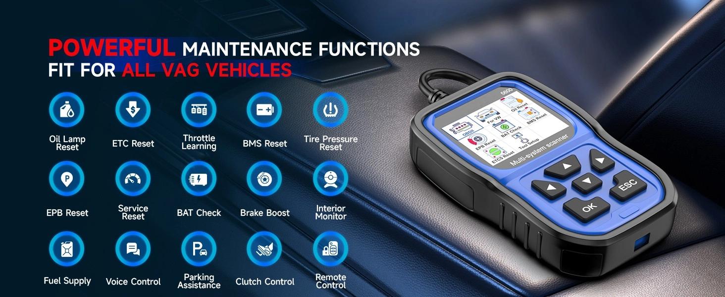 5600 OBD2 Scanner for VW Audi Skoda, ABS SRS EPB Code Reader Diagnostic Tool with Oil Reset, Battery Registration, Throttle Learning, Lifetime Free Update 5600 OBD2 Scanner for VW Audi Skoda, ABS SRS EPB Code Reader Diagnostic Tool with Oil Reset, Battery Registration, Throttle Learning, Lifetime Free Update