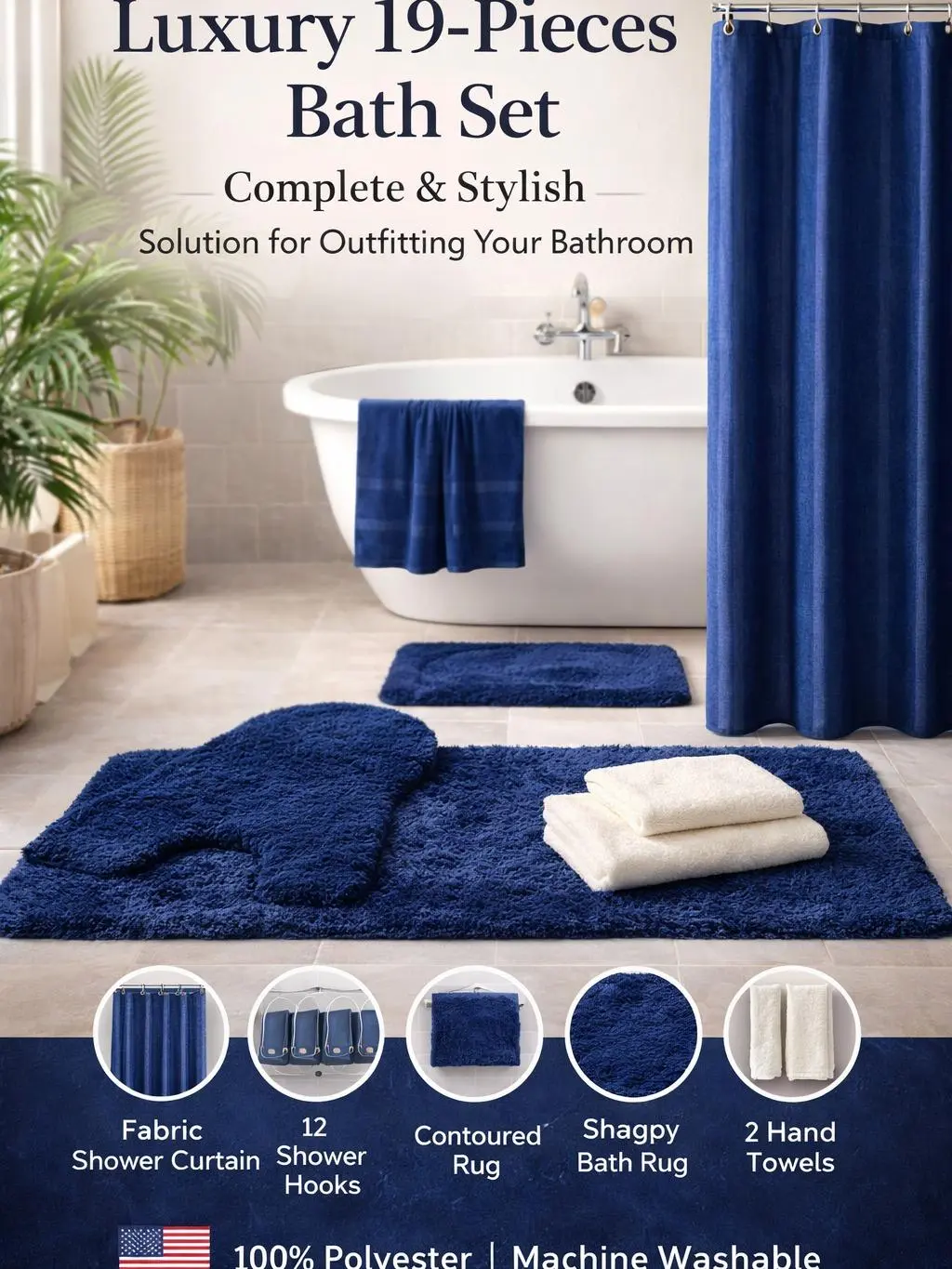 Luxury 19-Piece Bathroom Set Includes 2 Bath Mats Toilet Seat Cover Shower Curtain 3 Towels 12 Hooks Complete Ensemble for Coordinated Look Decorative Versatile Design