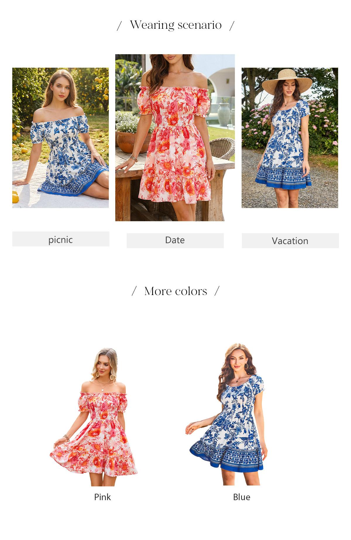 Chicovar Women's Summer Floral Print Mini Dress with Pockets, Off Shoulder & Square Neck Ruffle Short Sleeve Smocked Waist A-Line Dress for Wedding Guest, Vacation & Date Night, Valentine’s Day