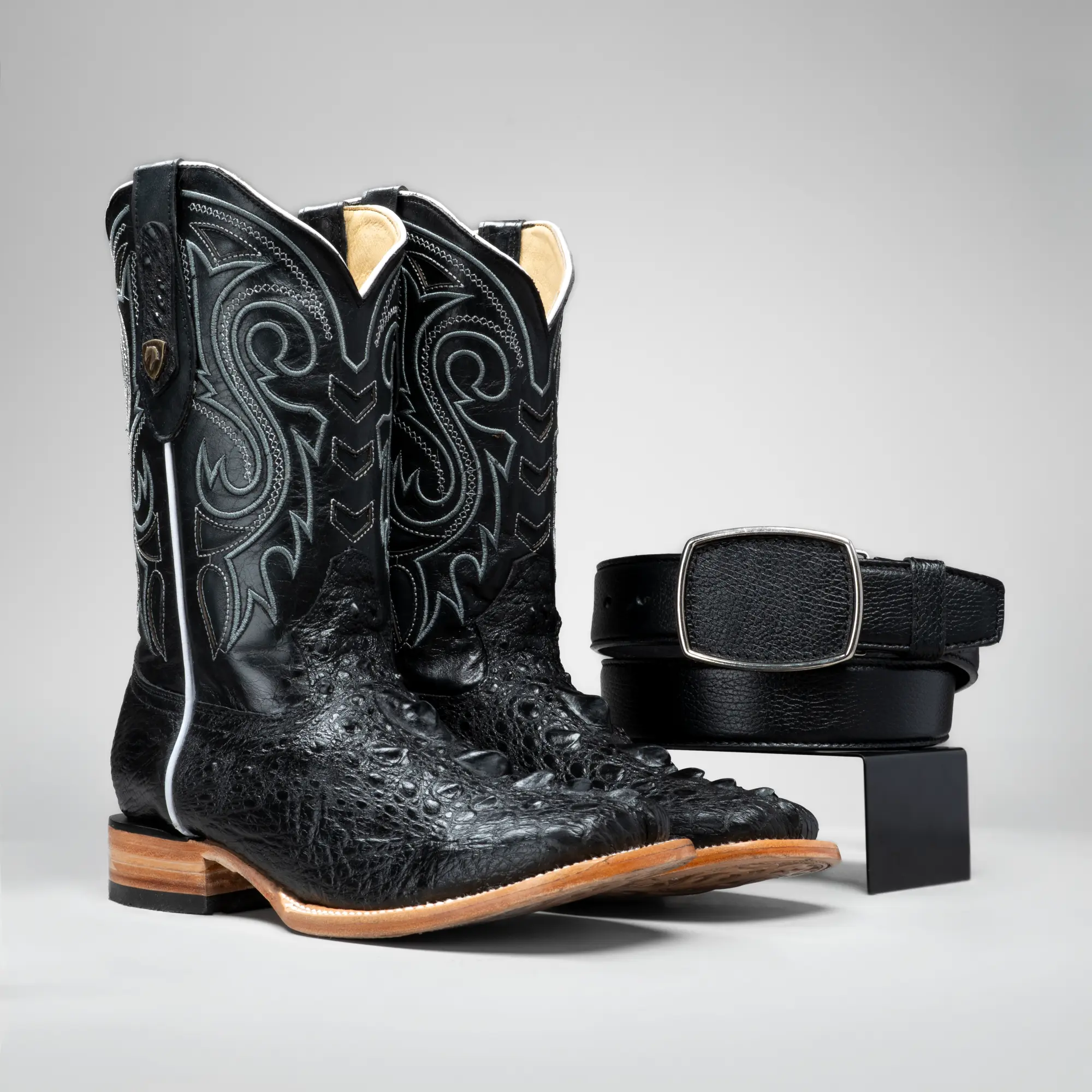 Men's Western Boots: Combo Cowhide Leather Square Toe Cowboy & Rodeo Boots + Belt