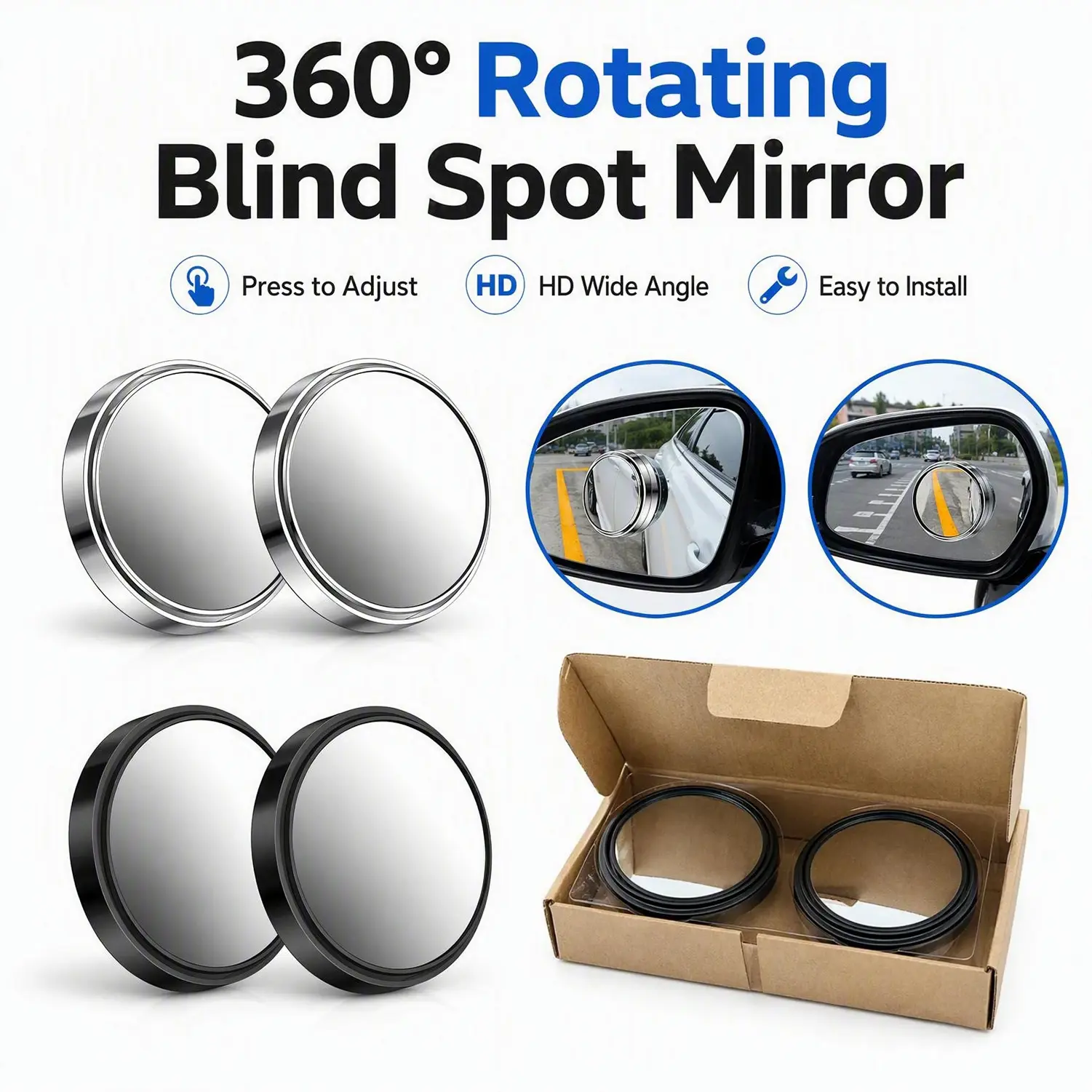 360° Adjustable Convex Blind Spot Mirrors (2/4-Pack) - 2.16" Diameter HD Wide Angle Glass, Adhesive Mount, Waterproof Driving Safety Accessories for Cars/SUVs & Trucks