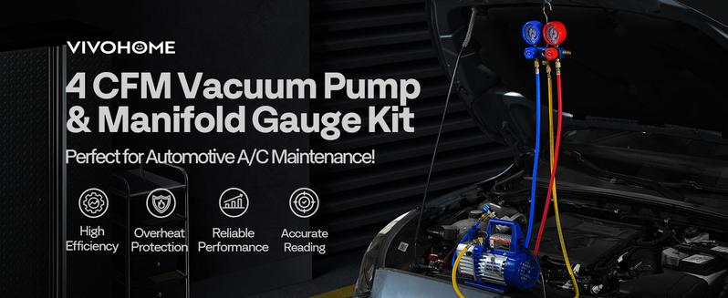 VIVOHOME 110V 1/3 HP 4CFM Single Stage Rotary Vane Air Vacuum Pump and R134a AC Manifold Gauge Set Kit with Leak Detector Carry Bag for HVAC Air Conditioning Refrigeration Recharging ETL Listed