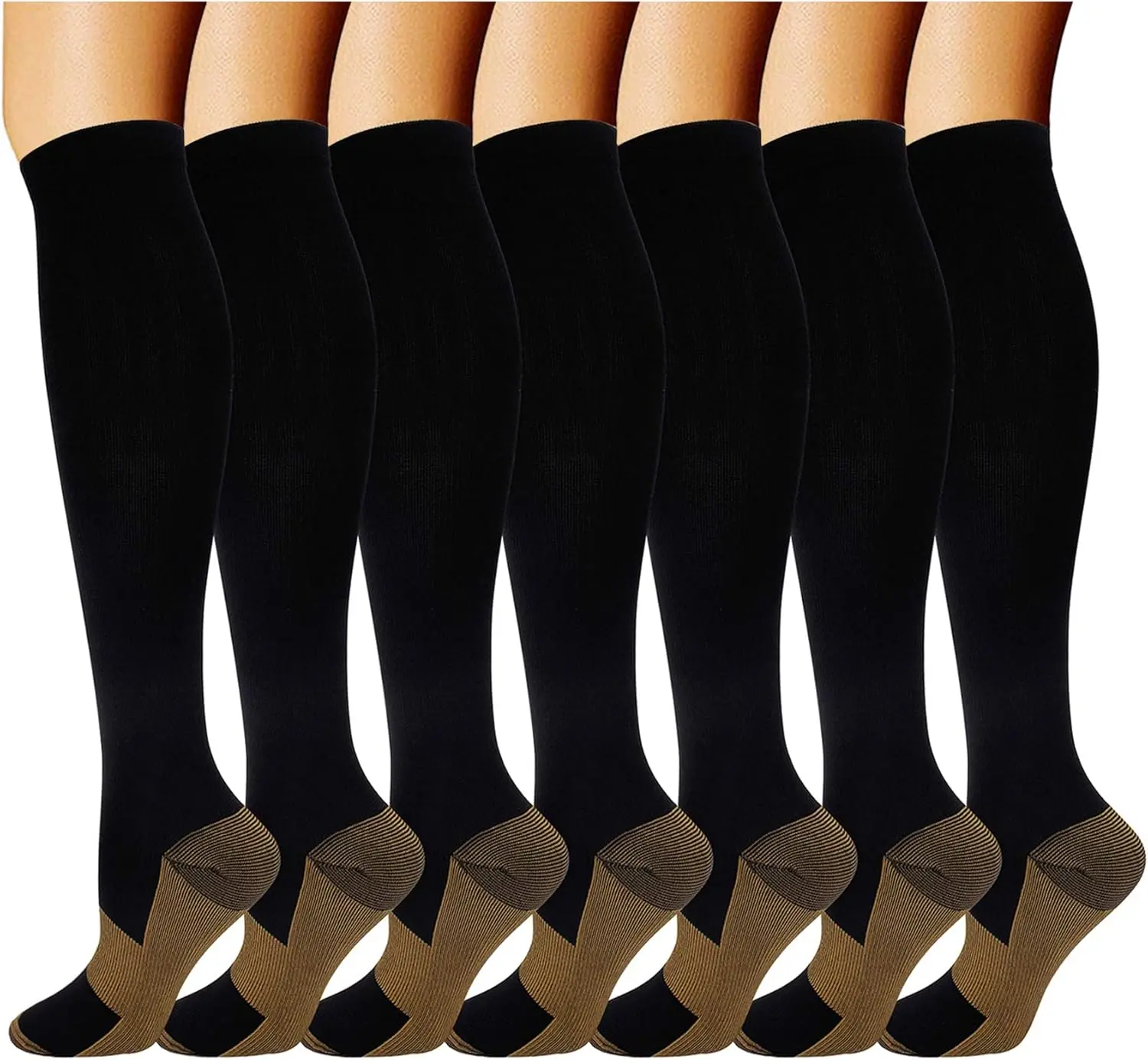 Copper Compression Socks for Men & Women, 7 Pairs Knee-High 20-30 mmHg Athletic Support Socks with Massage Function for Travelers, Delivery Personnel, Sports & Work, Packing Staff, Sports Fit Socks