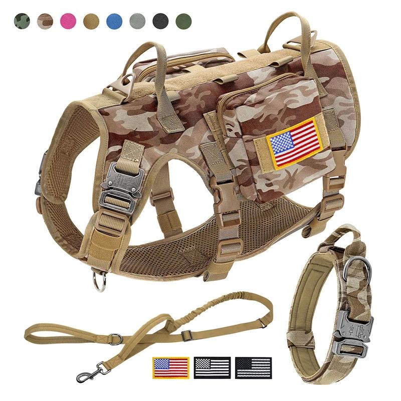 Military Tactical Dog Harness Collar Leash Set with Pouches Flags Durable Camo Vest for Training & Hiking