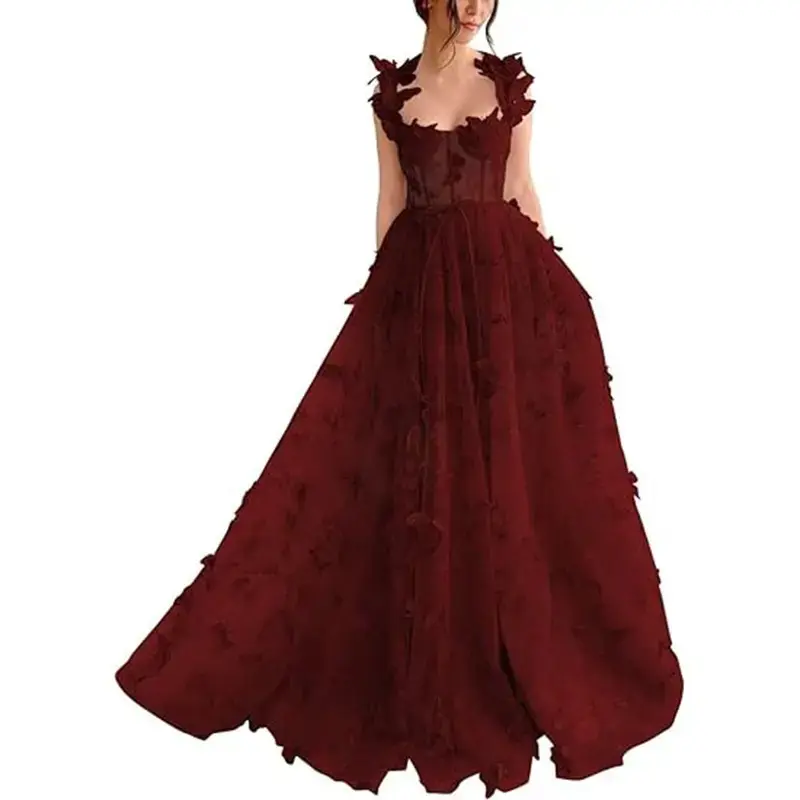 Wine red long skirt butterfly