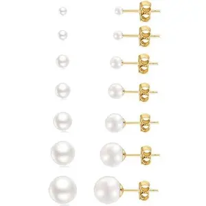 14K Gold Filled Polished Small CZ Pearl Ball Stud Earrings Set for Women Men 20G Surgical Steel Hypoallergenic Piercing Studs for Sensitive Ear, Pack of 6 Pairs