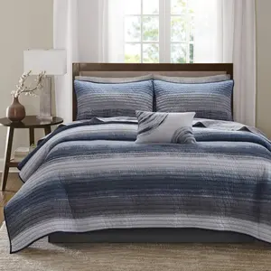 Madison Park Essentials MPE13-1212 78 x 86 in. Quilt Set with Cotton Bed Sheets, Navy - Full Size - 8 Piece