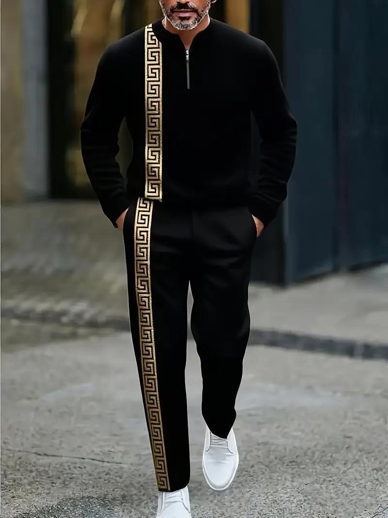 Men's half zip-up sweatshirt and pants set with Greek key design details, stylish sports outfit suitable for casual streetwear