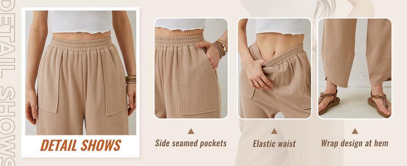 Ommig Women's Baggy Wide-Leg Trousers - Casual Elastic-Waisted Palazzo Harem Bottoms with Pockets, Basic Lady's Women's Clothes