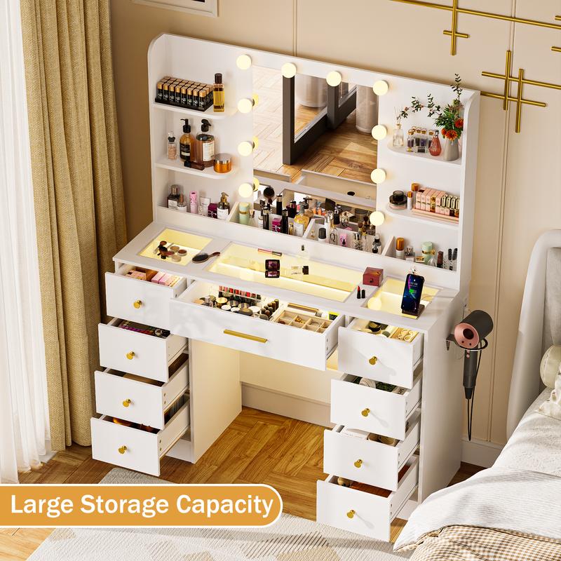 Dresser with Mirror, 3-Color Adjustable LED Lights & Power Outlets Makeup Vanity with 9 Drawers & 6 Storage Shelves For Bedroom & Dressing Room (White)