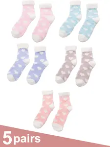5-Pair Fluffy Cuff Heart Sock Assortment​ – Delicate Heart Embroidery, Comfort-Focused Design, Fits Most Sizes, Versatile Wear, Promotes Relaxation, Cute & Practical Addition